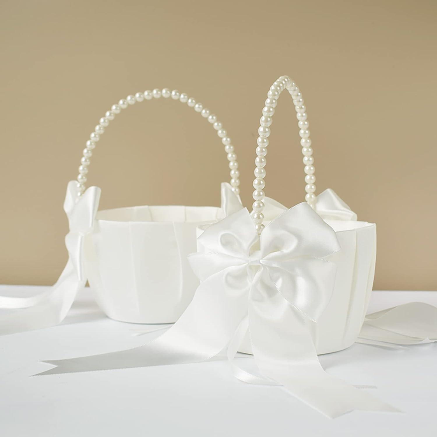 2 PCS Flower Girl Baskets Set- Cute Cherish Wedding Flower Baskets (Ivory)