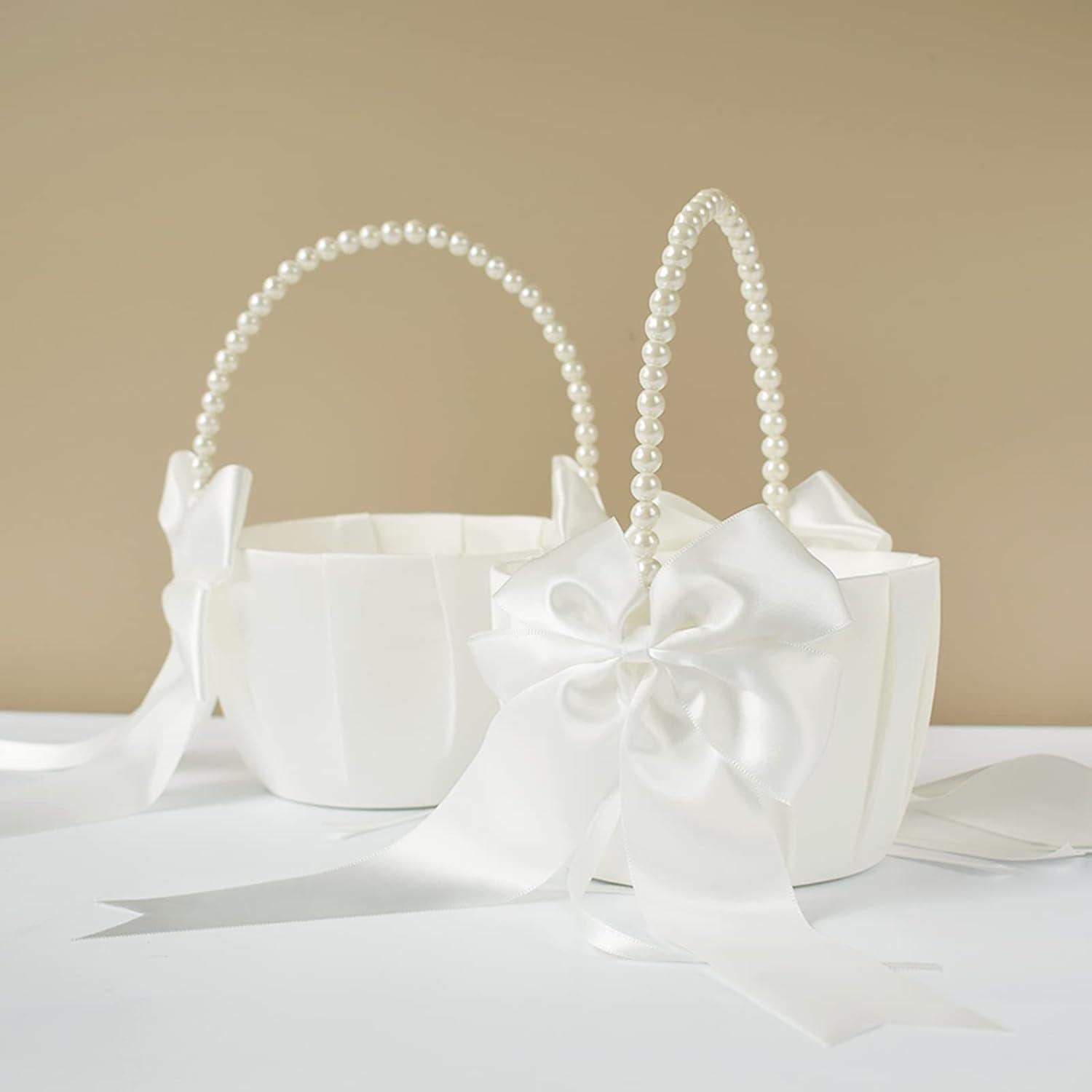 2 PCS Flower Girl Baskets Set- Cute Cherish Wedding Flower Baskets (Ivory)