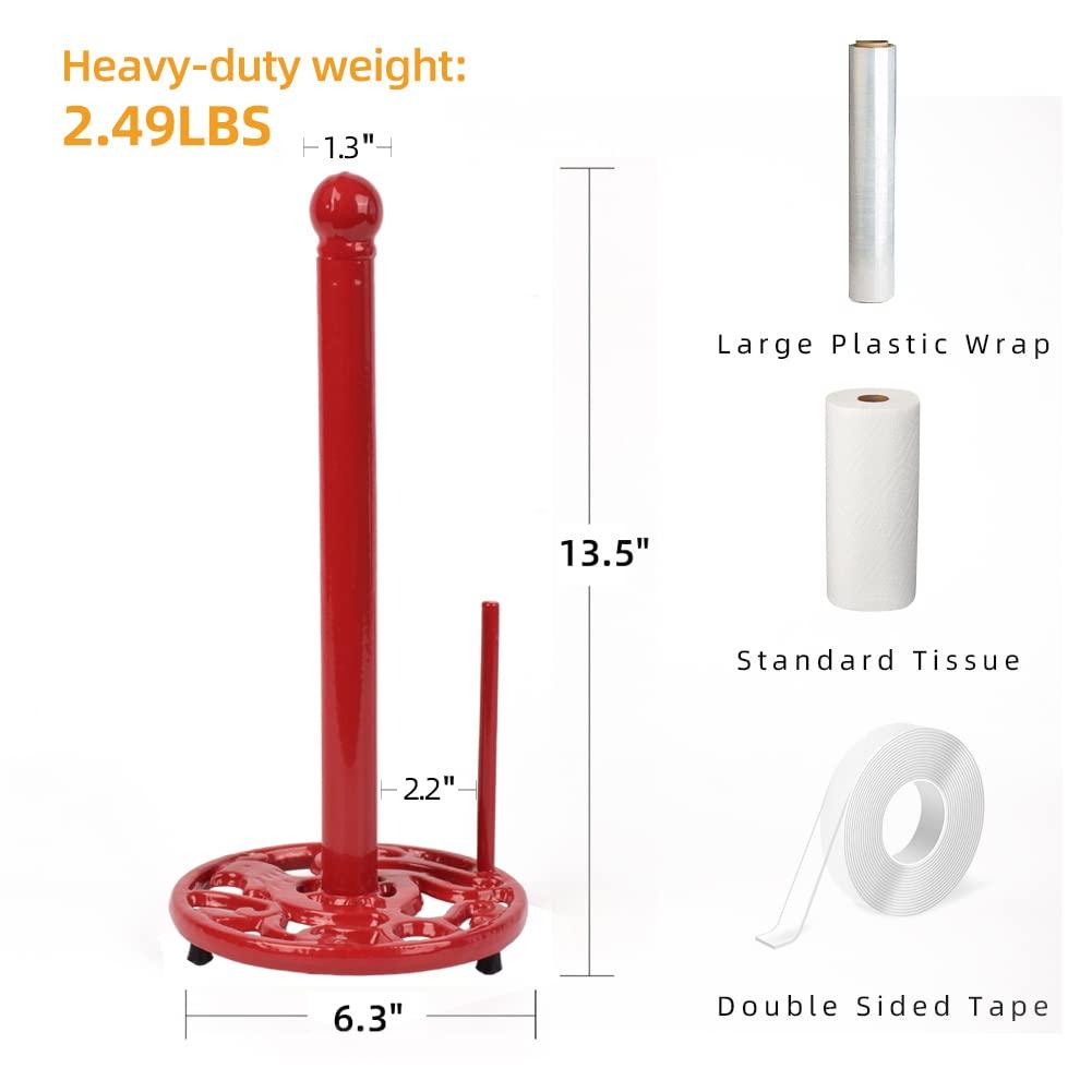 Vintage Paper Towel Holder Countertop - Cast Iron Standing Roll Paper Towel Dispenser with Elegant and Heavy Daffodil Pattern Base for Kitchen Décor, Red