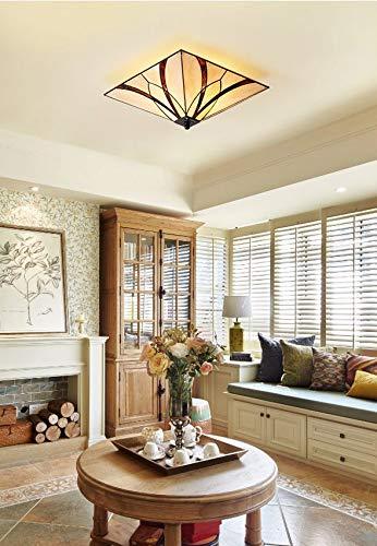 Vintage Semi Flush Ceiling Light Antique Brass Art Colorful Glass Shade 3-Light