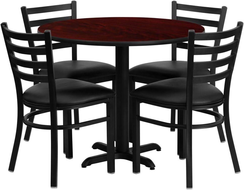 Flash Furniture 36'' Round Mahogany Laminate Table Set with X-Base and 4 Ladder Back Metal Chairs - Black Vinyl Seat