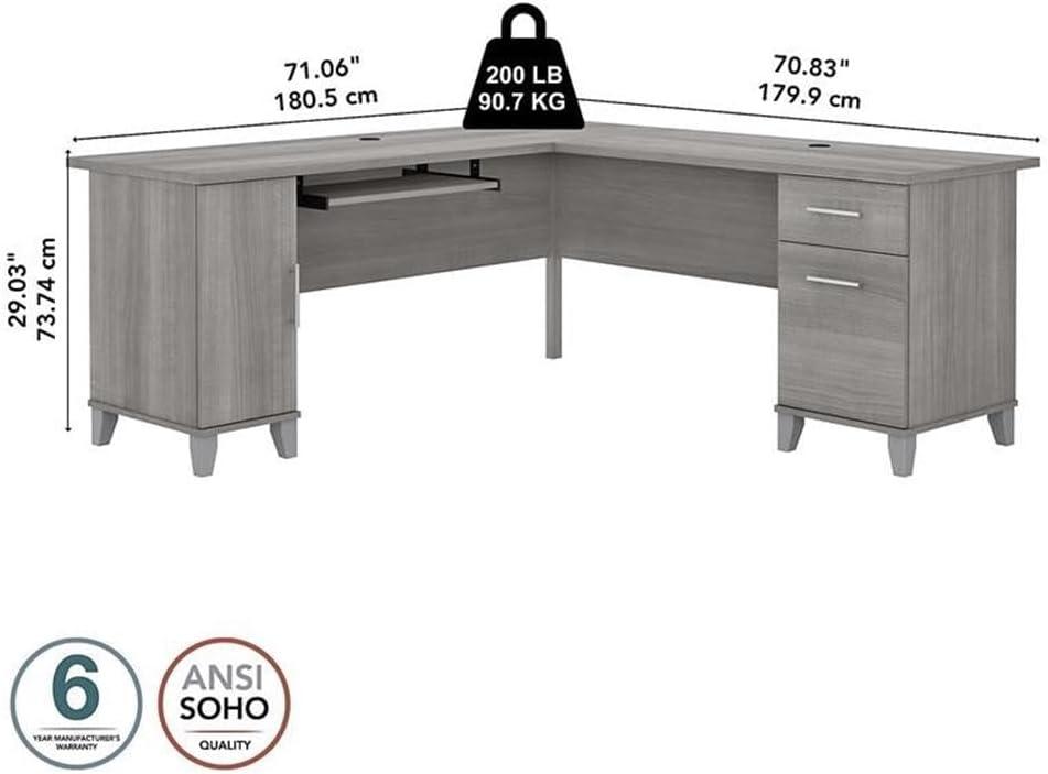 Platinum Gray L-Shaped Wood Desk with Drawer and Keyboard Tray