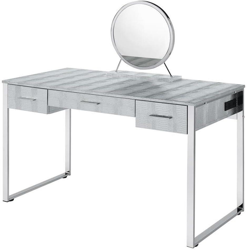50" Myles Vanity Table Antique White, Chrome Finish - Acme Furniture: Built-in Outlet, USB, Storage