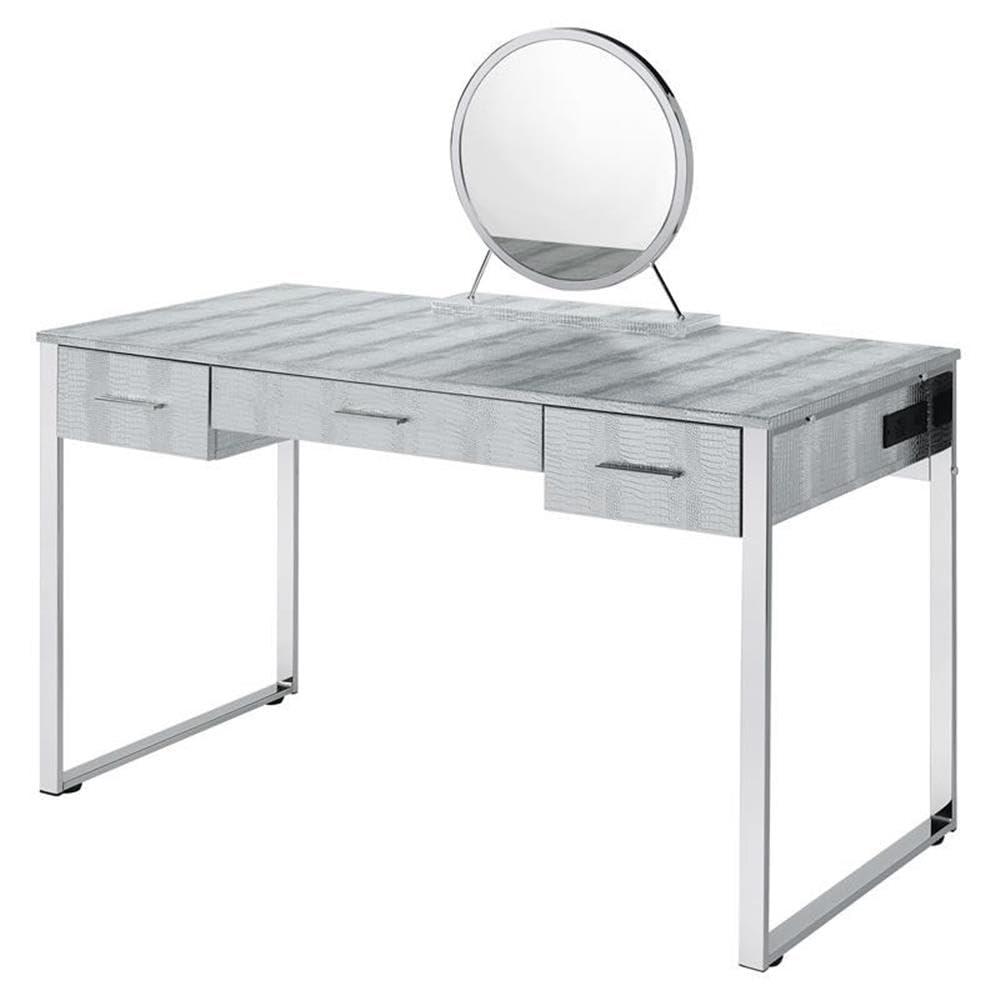 50" Myles Vanity Table Antique White, Chrome Finish - Acme Furniture: Built-in Outlet, USB, Storage