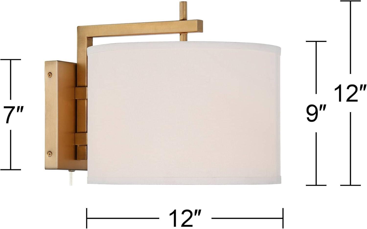 360 Lighting Adair Modern Wall Lamps Set of 2 Warm Brass Metal Plug-in 12" Light Fixture Linen Drum Shade for Bedroom Reading Living Room Hallway Home