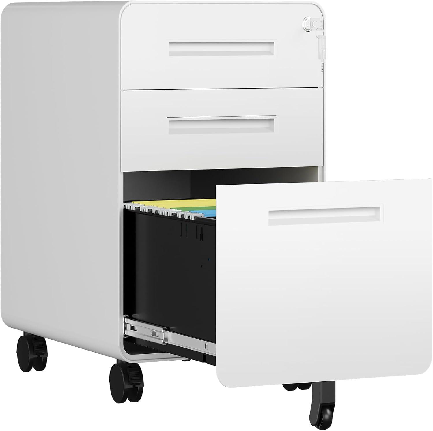 3 Drawer File Cabinet with Lock,Under Desk File Cabinet,White Rolling File Cabinet,Three Drawer Filing Cabinet for Home Office with Wheels,Fit A4/Letter/Legal File,Fully Assembled Except Casters