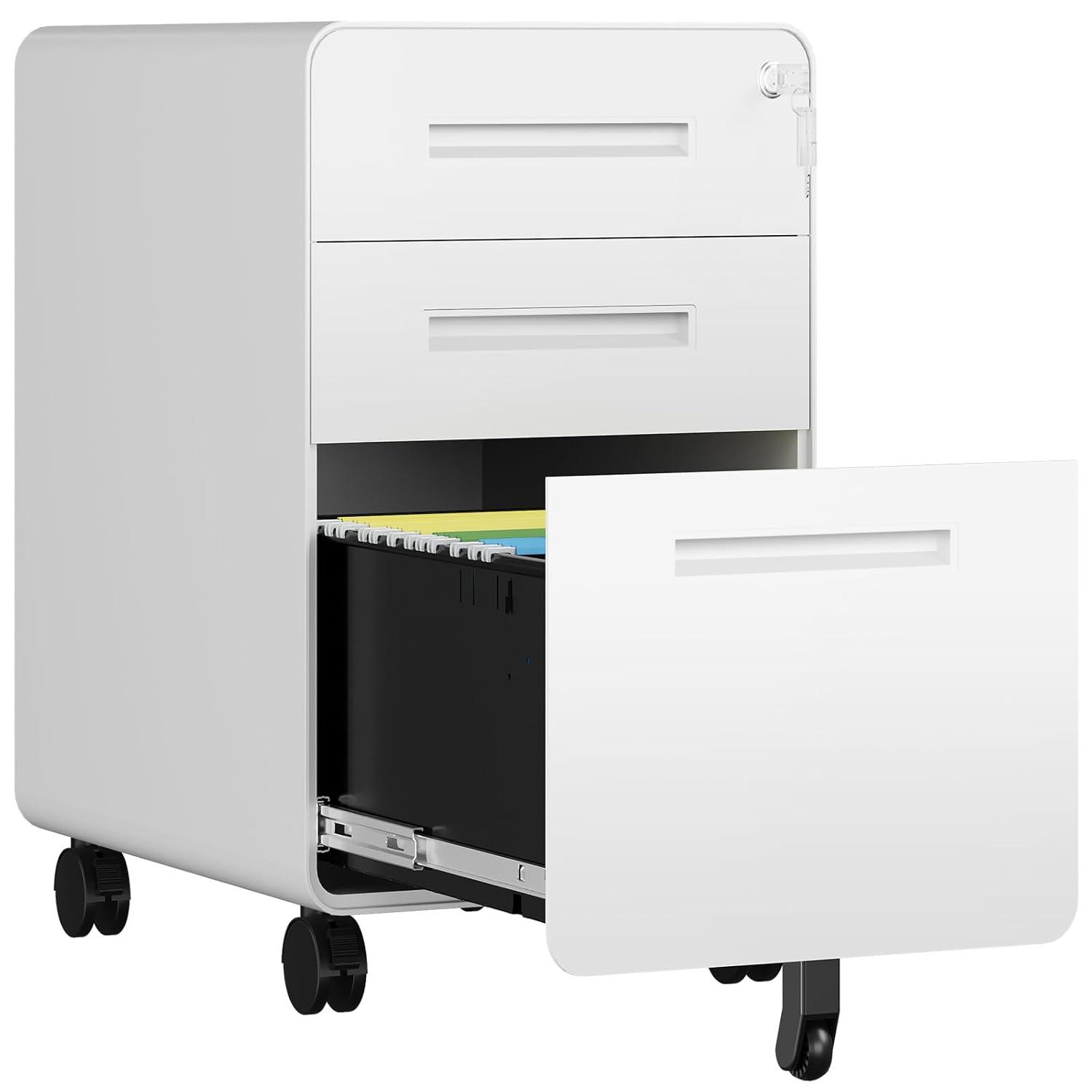 3 Drawer File Cabinet with Lock,Under Desk File Cabinet,White Rolling File Cabinet,Three Drawer Filing Cabinet for Home Office with Wheels,Fit A4/Letter/Legal File,Fully Assembled Except Casters