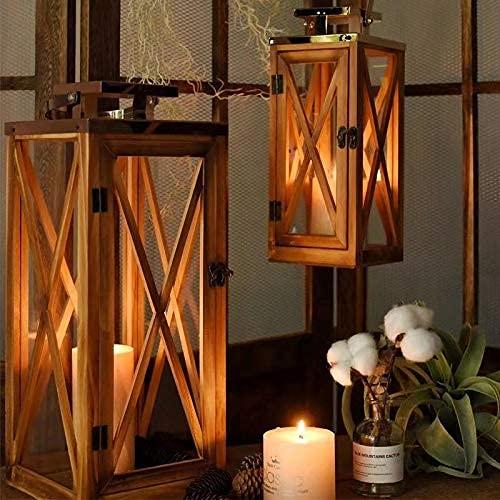 Wooden Candle Lantern Decorative Set of 2, Patio Decor with Stainless Top and Glass Inserts, Hurricane Lantern Holder Decor for Indoor Outdoor, Home, Garden, Wedding (Small-Large Set)
