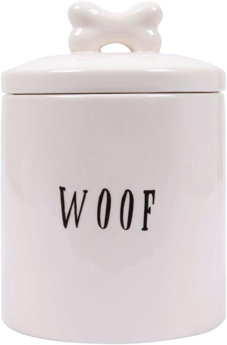 White Ceramic Dog Treat Jar with Bone Handle Lid