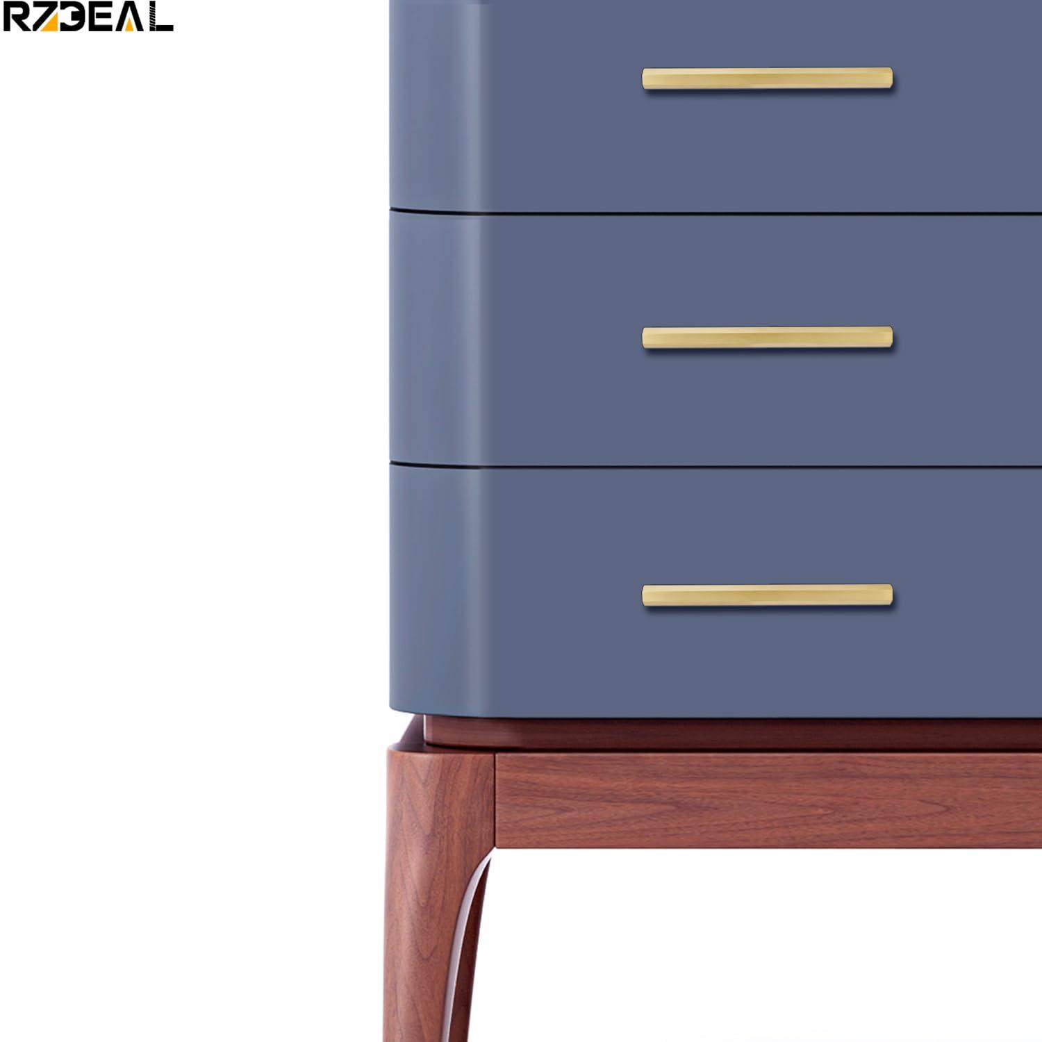 RZDEAL 4 Pcs 5 Inch Solid Brass Pull Kitchen Cabinet Handles Brushed Gold Decorative Contemporary Hexagon Bar Cabinet Pulls (Hole Centers:5.0"(128mm))