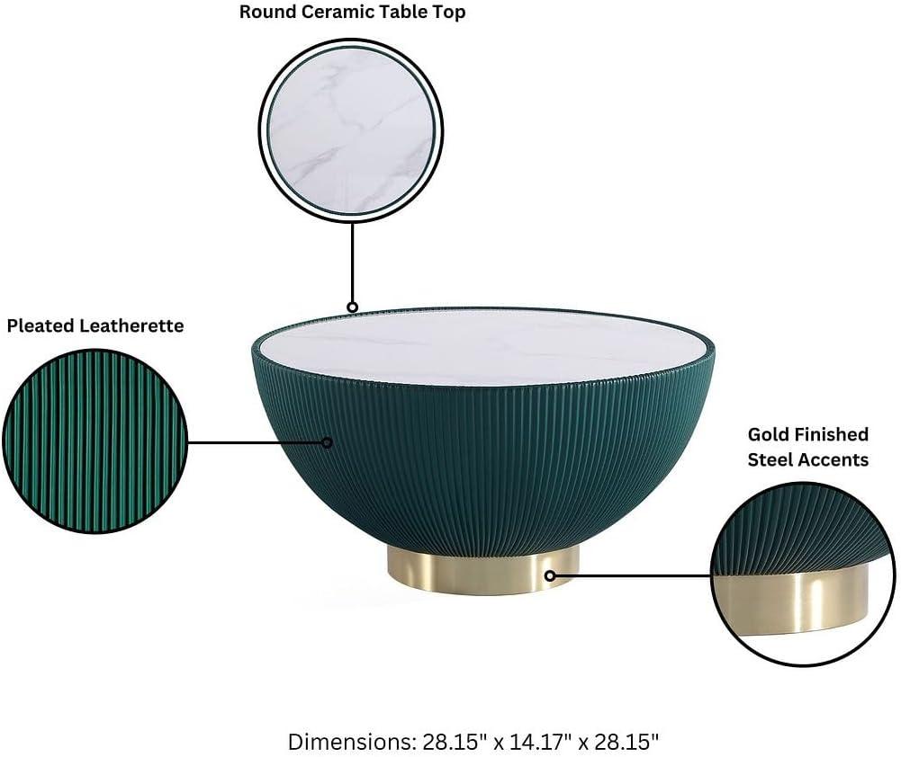 Manhattan Comfort 2pc Anderson Leatherette Upholstered Coffee Table and End Table with Metal Top Set Green: Gold Finish, No Assembly Required