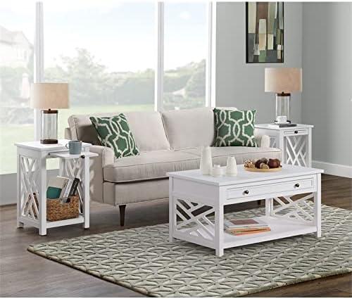 Alaterre Furniture 36" Middlebury Coffee Table with Drawer and 2 End Tables with Tray Shelf White: Mid-Century Modern, Wood Frame