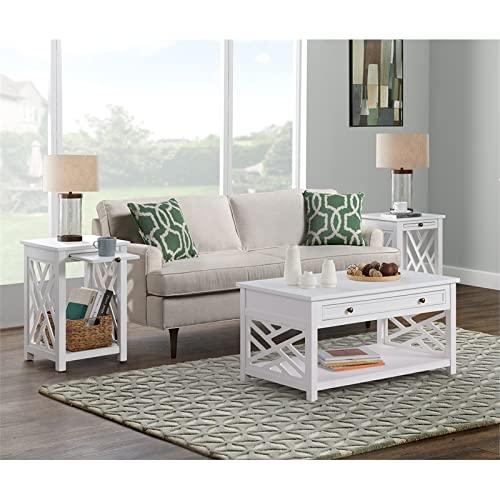 Alaterre Furniture 36" Middlebury Coffee Table with Drawer and 2 End Tables with Tray Shelf White: Mid-Century Modern, Wood Frame