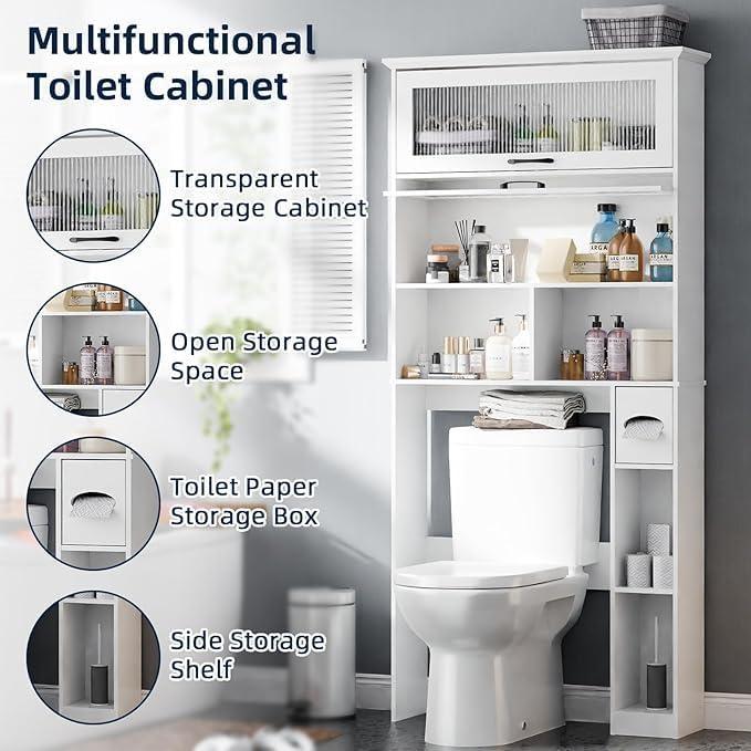 Over The Toilet Storage Cabinet with Transparent Door, Toilet Paper Storage Cabinet with Multi Layer Shelves Suitable for Bathroom, Laundry Room, Freestanding Bathroom Storage Rack,White