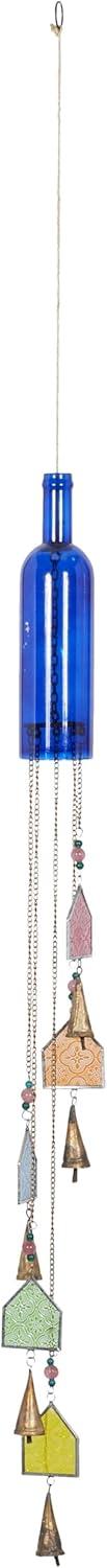 DecMode 41" Blue Glass Bottle Windchime with Beads and Cone Bells