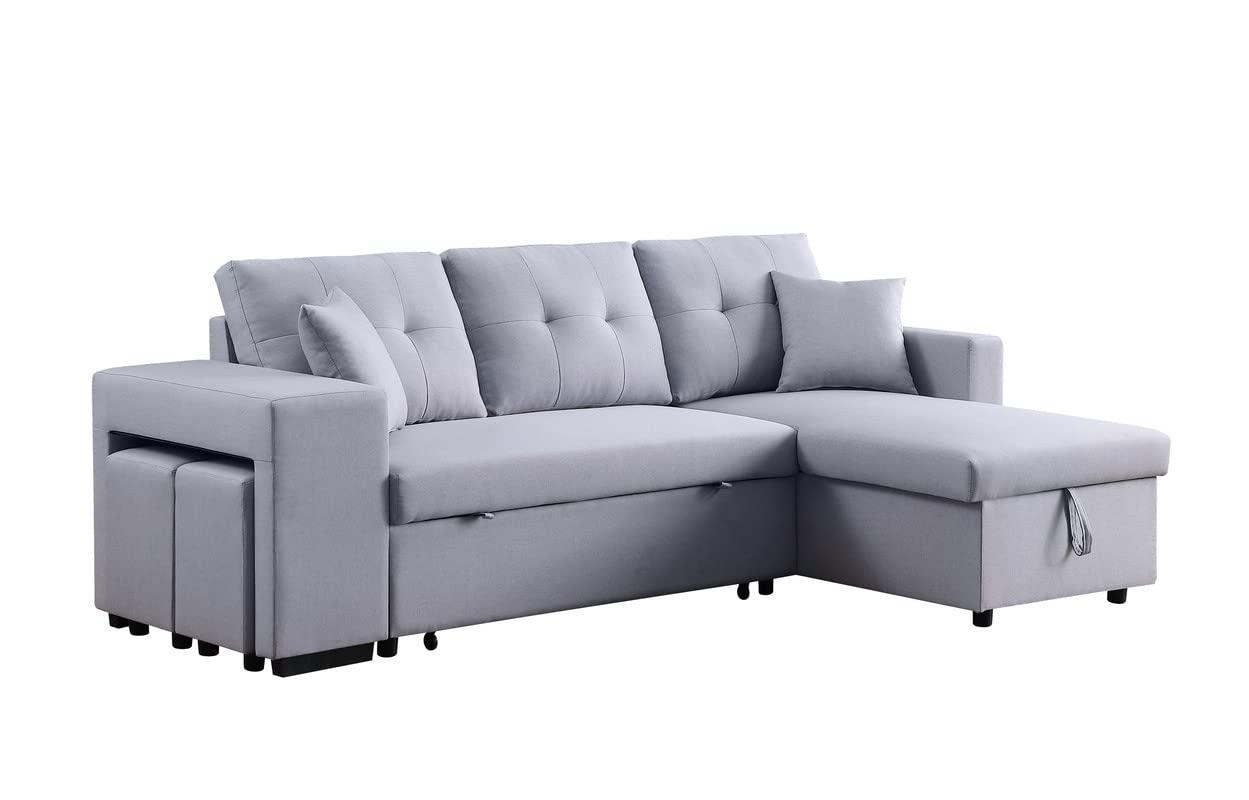 Lilola Home Linen Reversible Sleeper Sectional Sofa with Chaise Stools, Gray