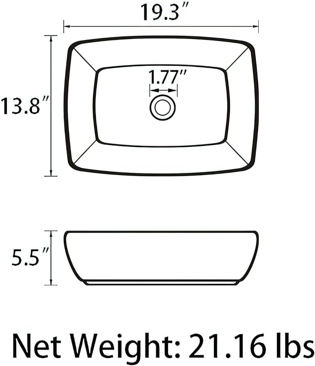 Sinber 19" x 14" x 5" White Rectangular Ceramic Countertop Bathroom Vanity Vessel Sink C4181-OK