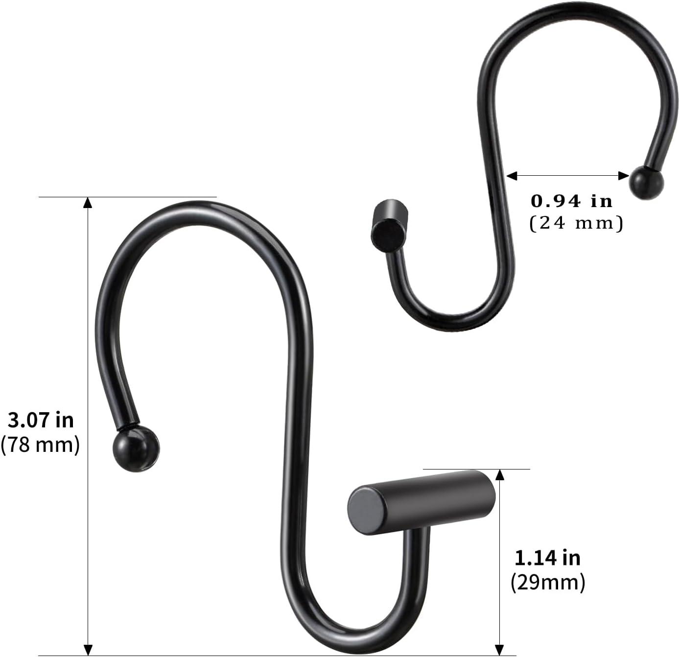 Black Metal Rust Proof S-Shaped Shower Curtain Hooks, Set of 12