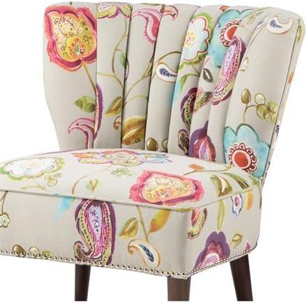Remy Channel Back Slipper Chair Green/Cream: Madison Park, Wingback Design, Floral Pattern, Wood Legs