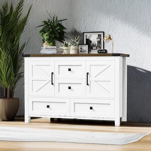 VVFLU Farmhouse Dresser for Bedroom with 4 Drawers & 2 Barn Doors, White Wood Chest of Drawers 47 Inch Wide Large Long, Adjustable Shelves, Living Dining Room