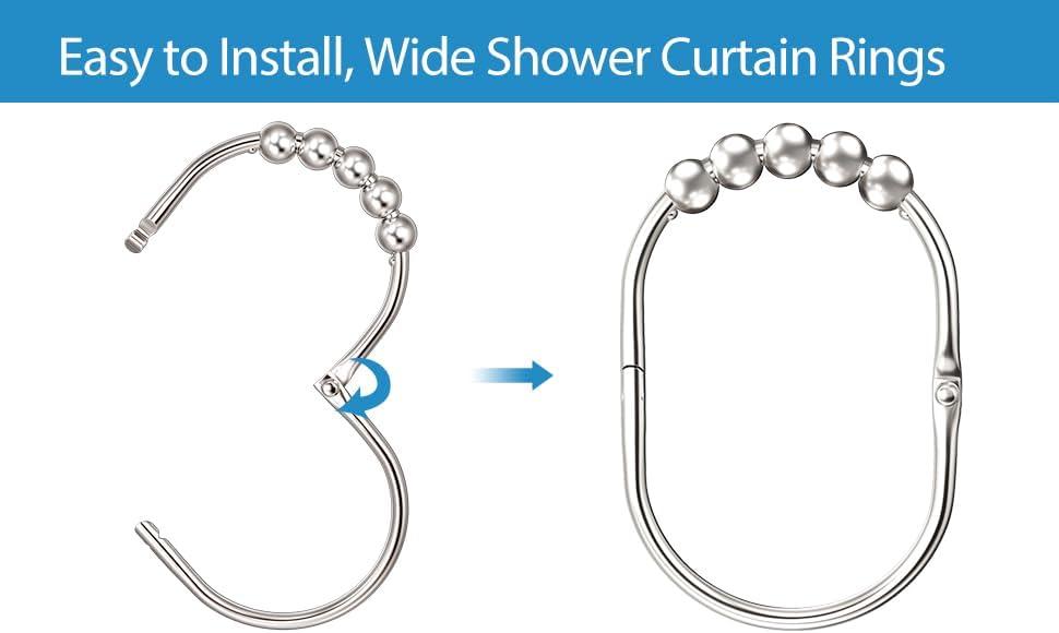 12PCS Wide Shower Curtain Hooks, Rust Proof Stainless Steel Shower Curtain Rings, Heavy Duty Shower Hooks for Shower Curtain Bathroom Curtain Hooks, Easy Glide Rollers, Set of 12, Chrome Chrome