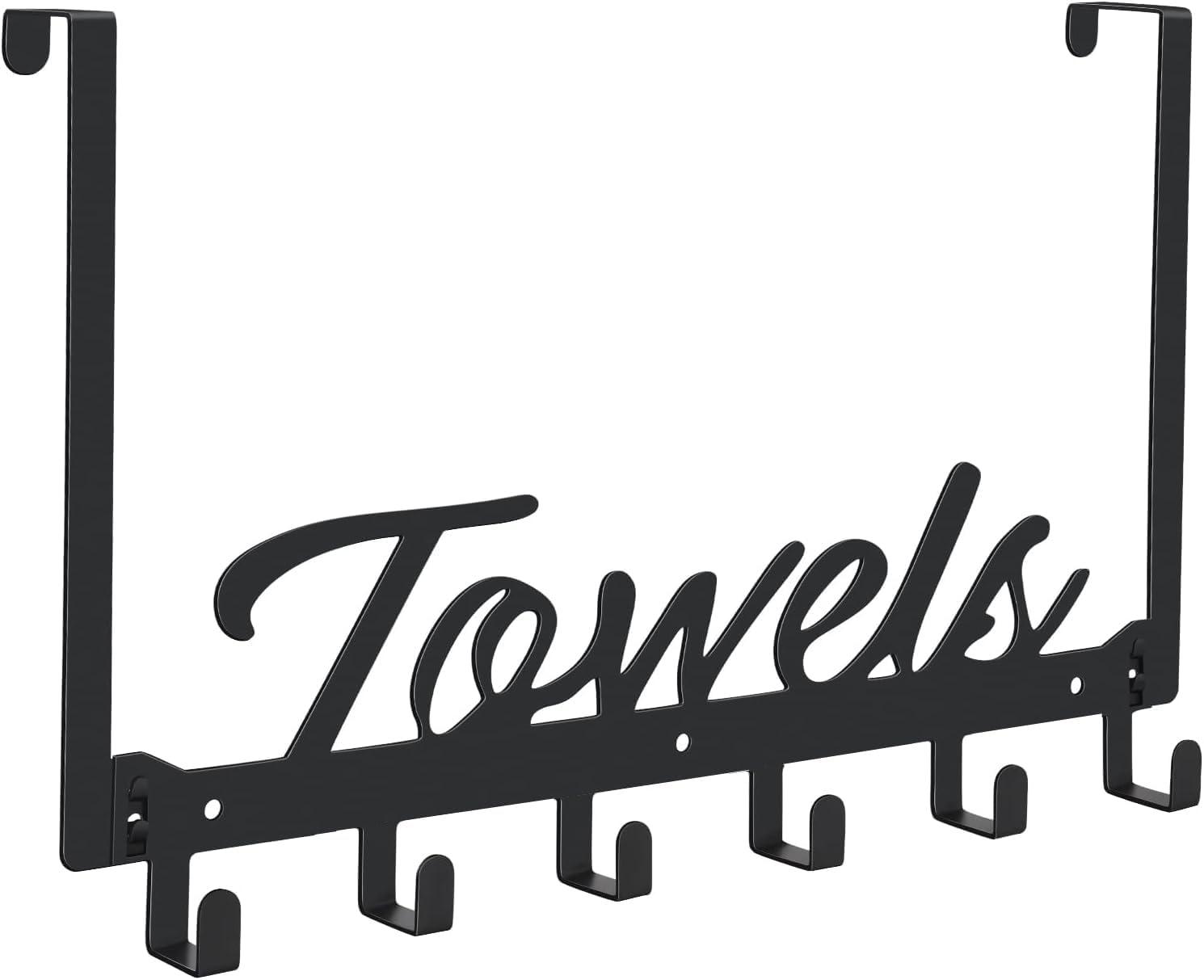 Over The Door Hooks - Heavy Duty Towel Rack with 6 Hooks for Bedroom, Bathroom, Kitchen - Holds Towels, Bags, Coats, Hats - Black