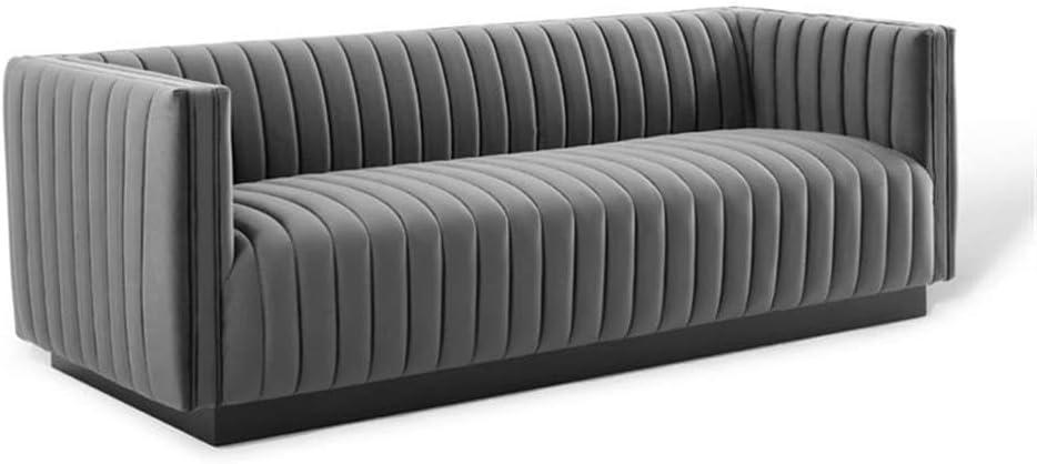 Gray Tufted Velvet Tuxedo Arm Sofa with Wood Base