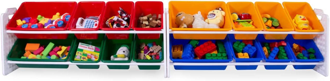 UNiPLAY Toy Organizer With 16 Removable Storage Bins, Multi-Bin Organizer for Books, Building Blocks, School Materials, Toys with Baseplate Board Frame (Primary)