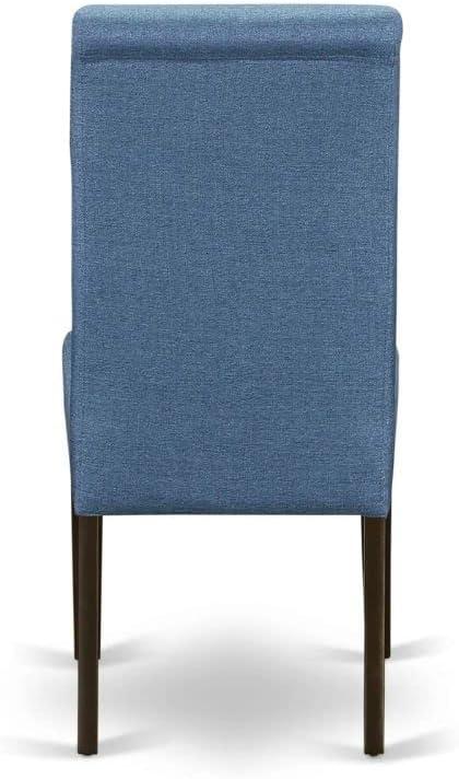 Cappuccino Round Wood Dining Table with Blue Linen Chairs