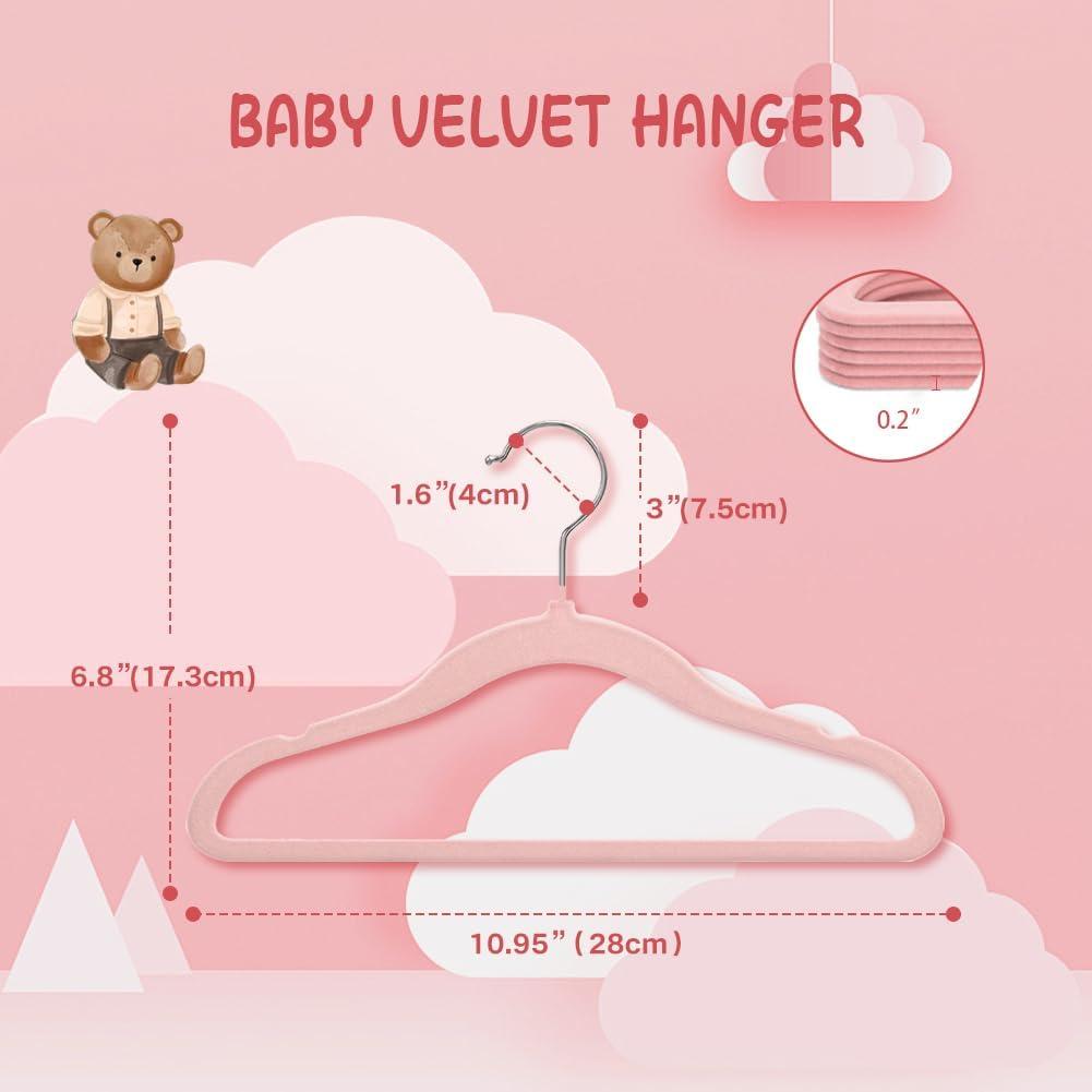 Juvale 50 Pack Pink Velvet Baby Clothes Hangers for Closet Storage, Children's Nursery, Kid's Closet, Slip-Resistant, 11 In
