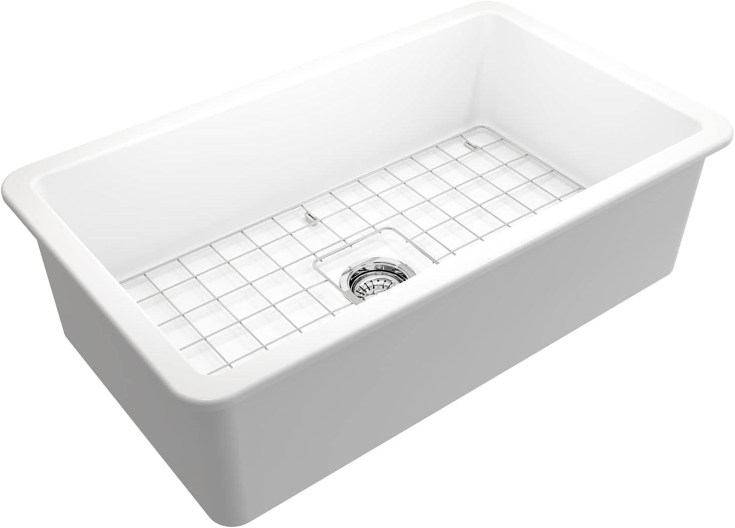 BOCCHI Sotto Undermount Fireclay 32 in. Single Bowl Kitchen Sink with Protective Bottom Grid and Strainer in Matte White