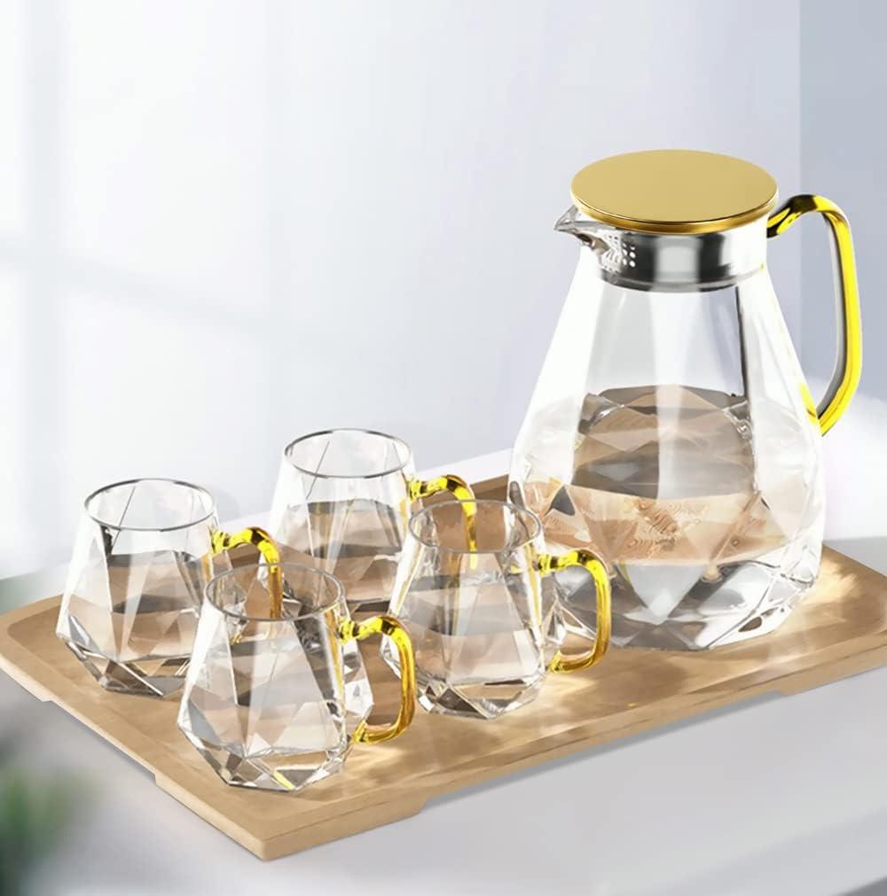 DUJUST Glass Pitcher Set (68 oz) with 4 Cups & 1 Tray, Elegant Diamond Design Water Pitcher with Handle, Durable Glass Jug for Fridge, Glass Carafe for Iced Tea/Juice/Beverage/Coffee/Drinks