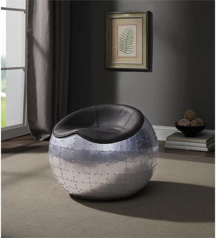 ACME Brancaster Leather Upholstered Ottoman in Antique Ebony and Aluminum