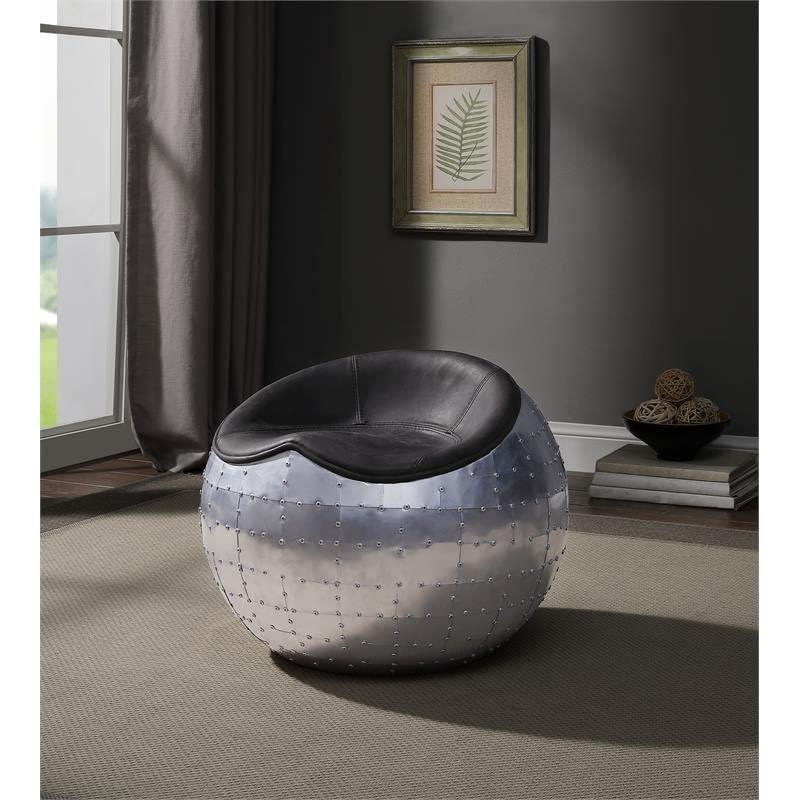 ACME Brancaster Leather Upholstered Ottoman in Antique Ebony and Aluminum