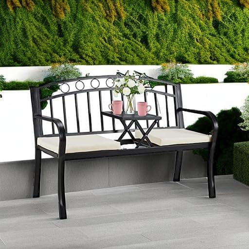 Black Metal 2-Seat Outdoor Bench with Pullout Table and Cushions