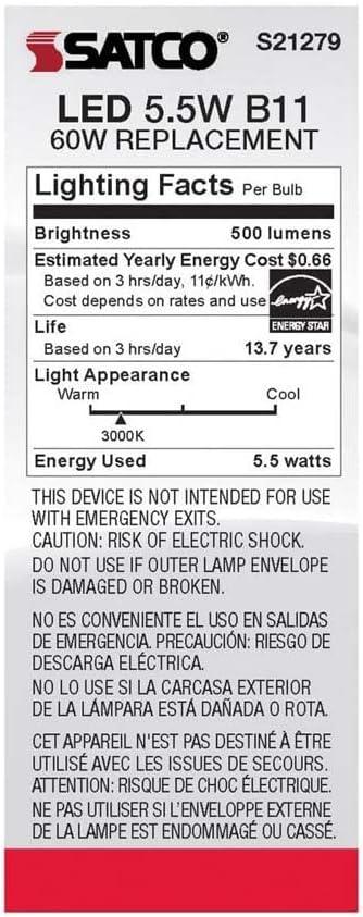 Satco Lighting 5.5 Watt Dimmable B11 Candelabra (E12) LED Bulb - 500 Lumens, And 90CRI S21279