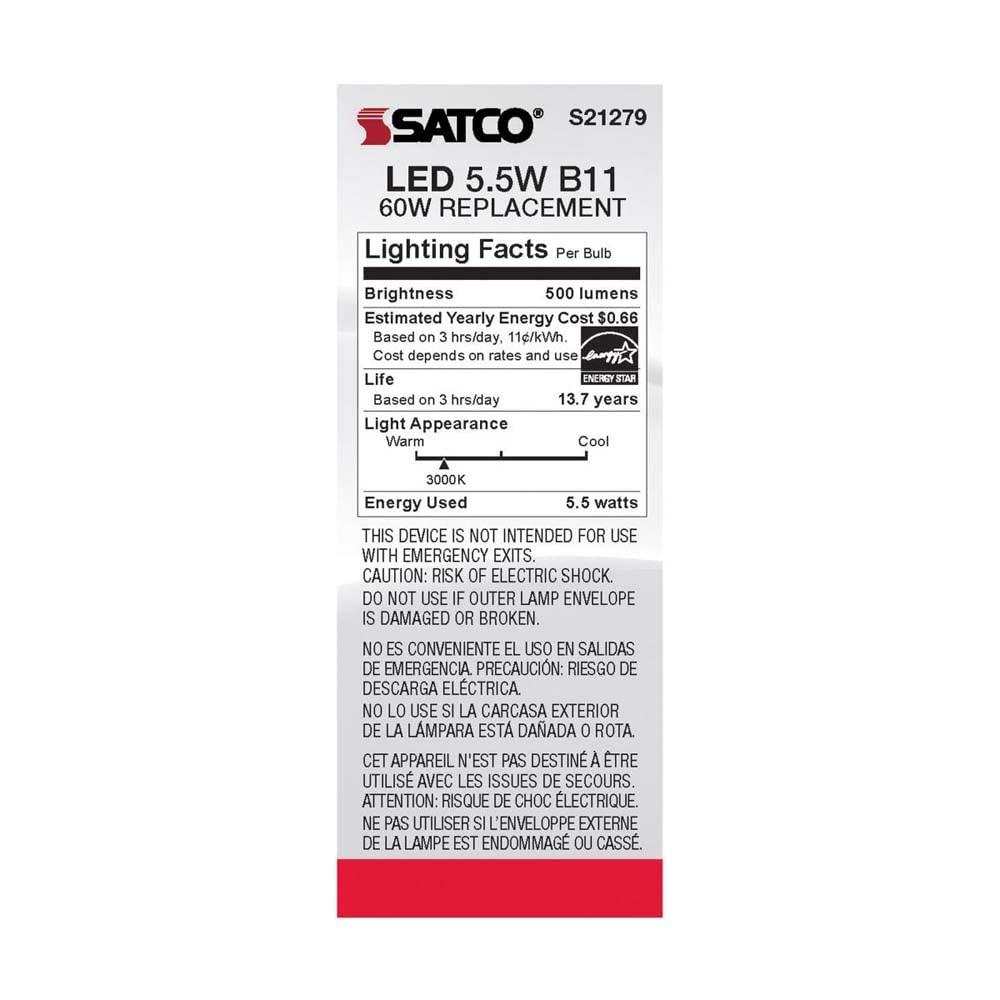 Satco Lighting 5.5 Watt Dimmable B11 Candelabra (E12) LED Bulb - 500 Lumens, And 90CRI S21279