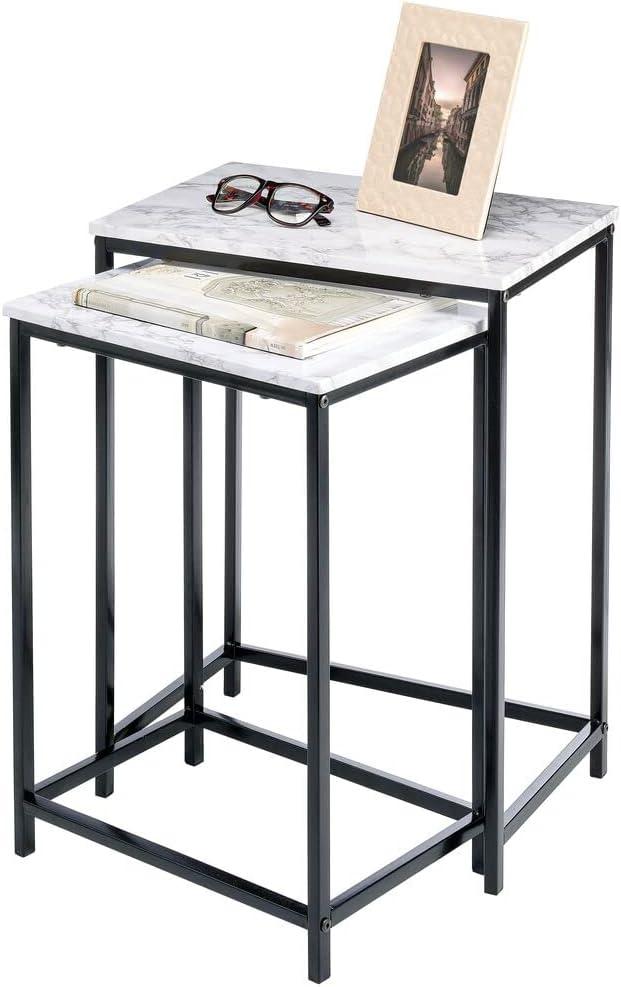 Marble & Black Metal Wood Nesting Side Table Set