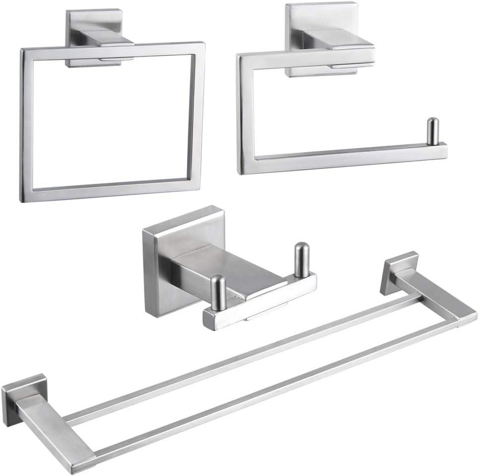 Brushed 4-Piece Bathroom Hardware Set Premium Stainless Steel Bath Towel Bar Sets Wall Mounted Square Bathroom Accessories Kit (Silver)