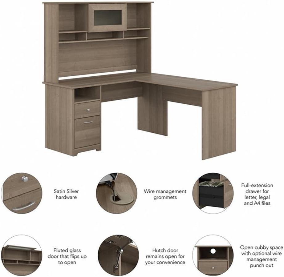 Cabot 60W L Shaped Computer Desk with Hutch in Ash Gray - Engineered Wood