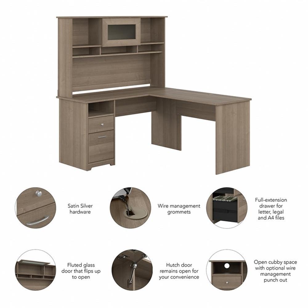 Cabot 60W L Shaped Computer Desk with Hutch in Ash Gray - Engineered Wood