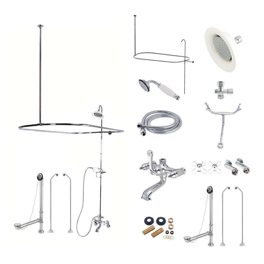 Kingston Brass Vintage Three-Handle 2-Hole Tub Wall Mount Clawfoot Tub Faucet Package with Shower Enclosure and Hand Shower