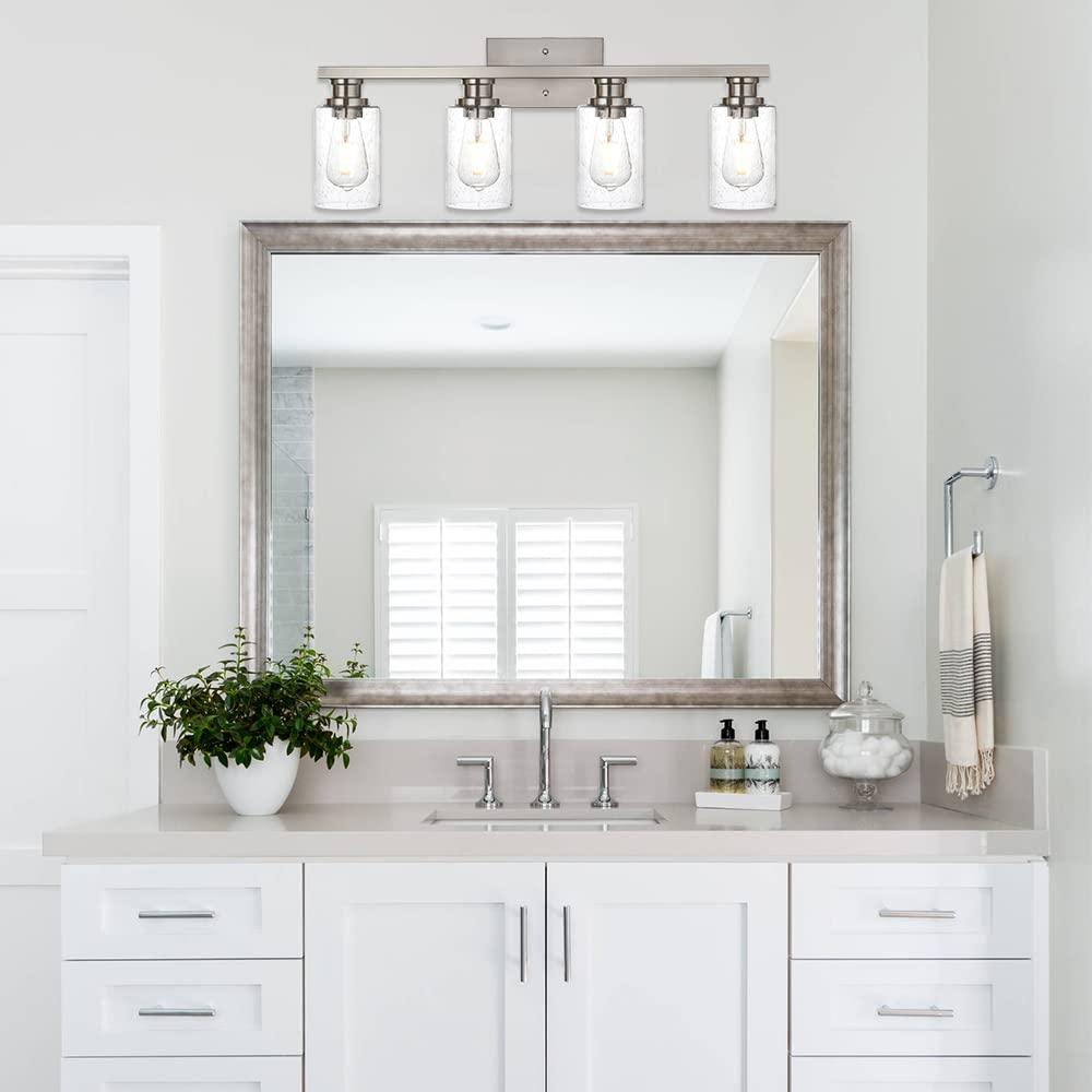 Melucee Brushed Nickel Industrial Bathroom Vanity Light Fixtures Over Mirror Seeded Glass 4 Lights Vintage Vanity Lights Farmhouse Bath Lighting
