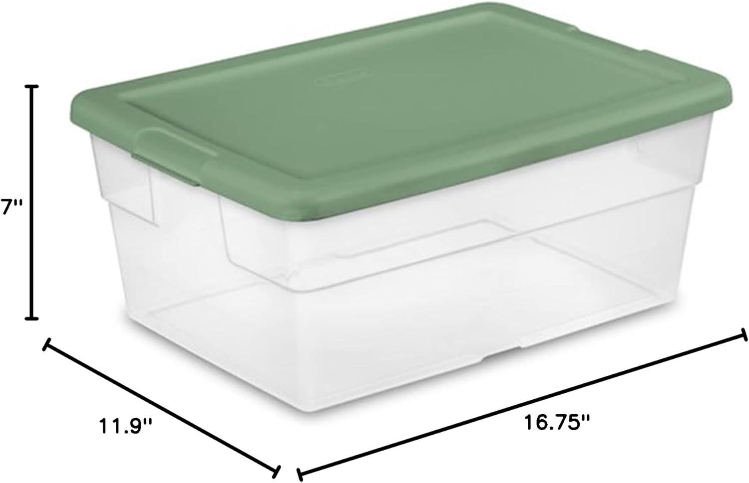 Sterilite 16 Quart Clear Plastic Storage Totes with Green Lids, 4 Pack