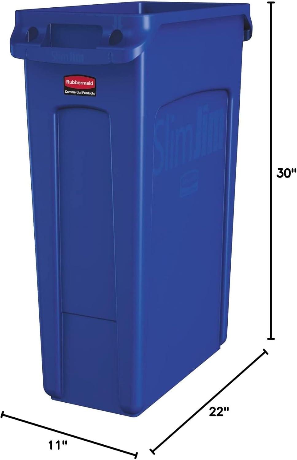 Rubbermaid Commercial Venting Slim Jim Waste Container - 23 gal Capacity - Durable, Vented, Handle - 30" Height x 22" Width x 11" Depth - Blue - 1 Each