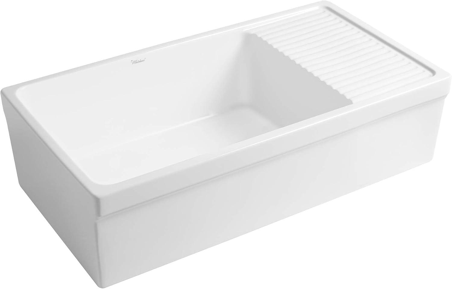Whitehaus Collection WHQD540-M-WHITE Whitehaus Collection 36” Single Bowl Fireclay Kitchen Sink: Integral Drainboard, Lip Front Apron