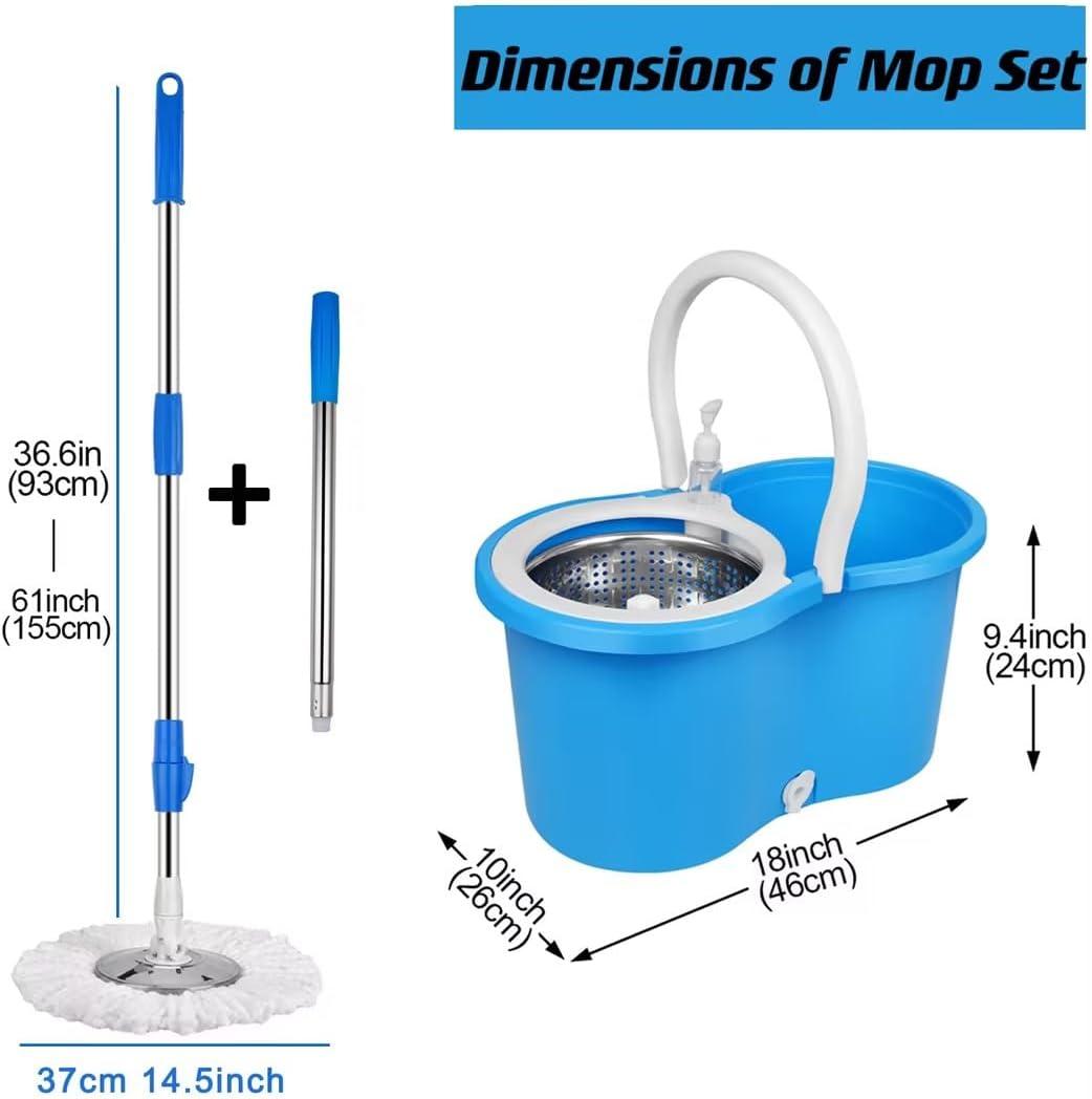 Spin Mop and Bucket with Wringer Set,360°Spin Mop & Bucket Floor Cleaning System Mop Bucket with 61" Adjustable Extended Handle 3 Microfiber Replacement Head Refills
