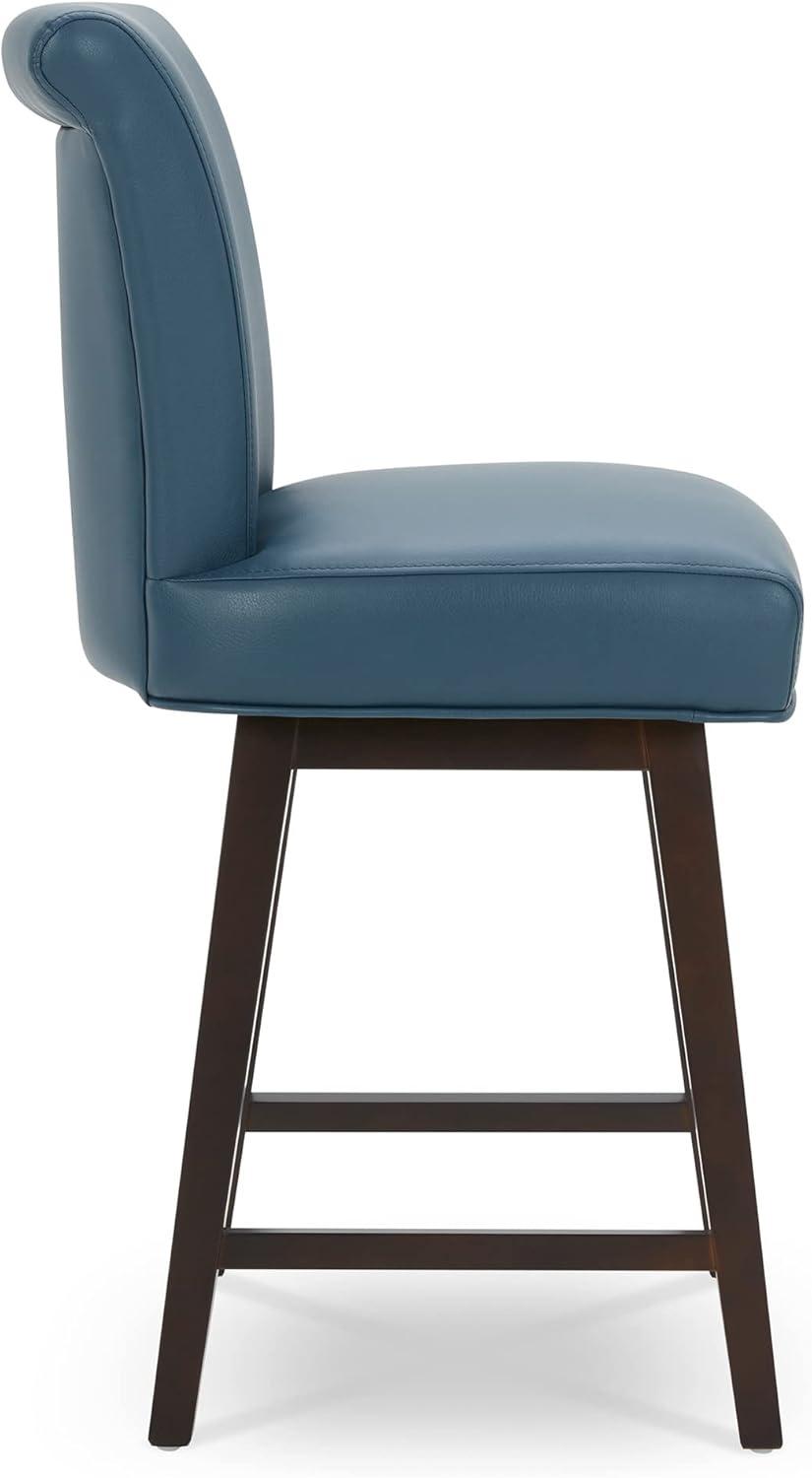 CHITA 26 in Upholstered Swivel Counter Bar Stools with Back&Wood Legs Set of 2, Faux Leather in Dark Blue