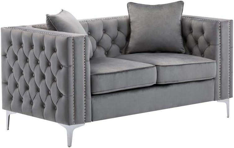 LILOLA Lorreto Gray Button Tufted Velvet Fabric Glam Loveseat