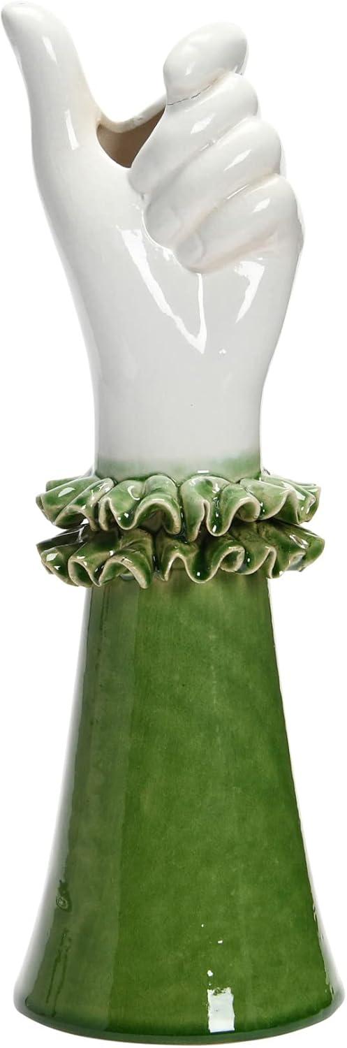 Creative Co-Op Stoneware Hand Vase with Ruffled Shirt Sleeve, Green and White